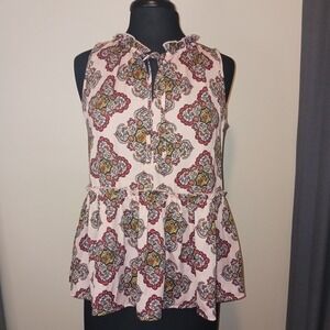 LOFT Outlet Pink Paisley Ruffle Neck Sleeveless Peplum‎ Top S loose lightweight